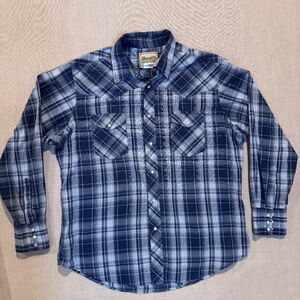 Wrangler Western Shirt Mens XL Blue Plaid Snap Button Pearl Snap Cowboy Rodeo